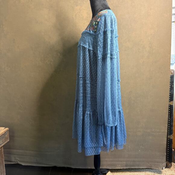 Maeve Anthropologie Blue Sheer Swiss Dot Embroidered Floral Dress XL Boho - Picture 6 of 10